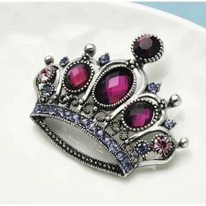 Silver-Tone Crown Brooch Pin w/ Clear Rhinestones Royal Regal Costume Jewelry